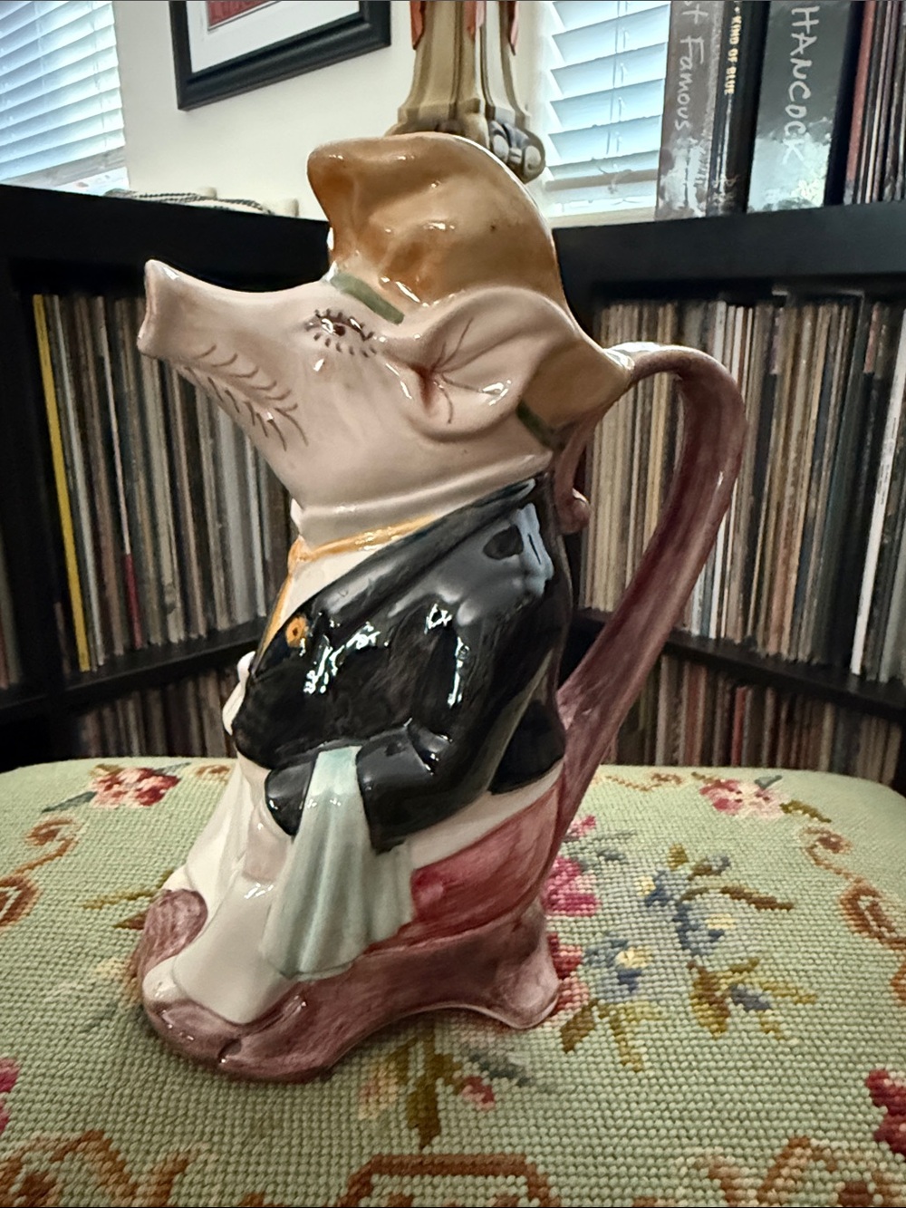 Vintage Portugal Hand Painted Ceramic Pig Pitcher Creamer Figural Gentleman